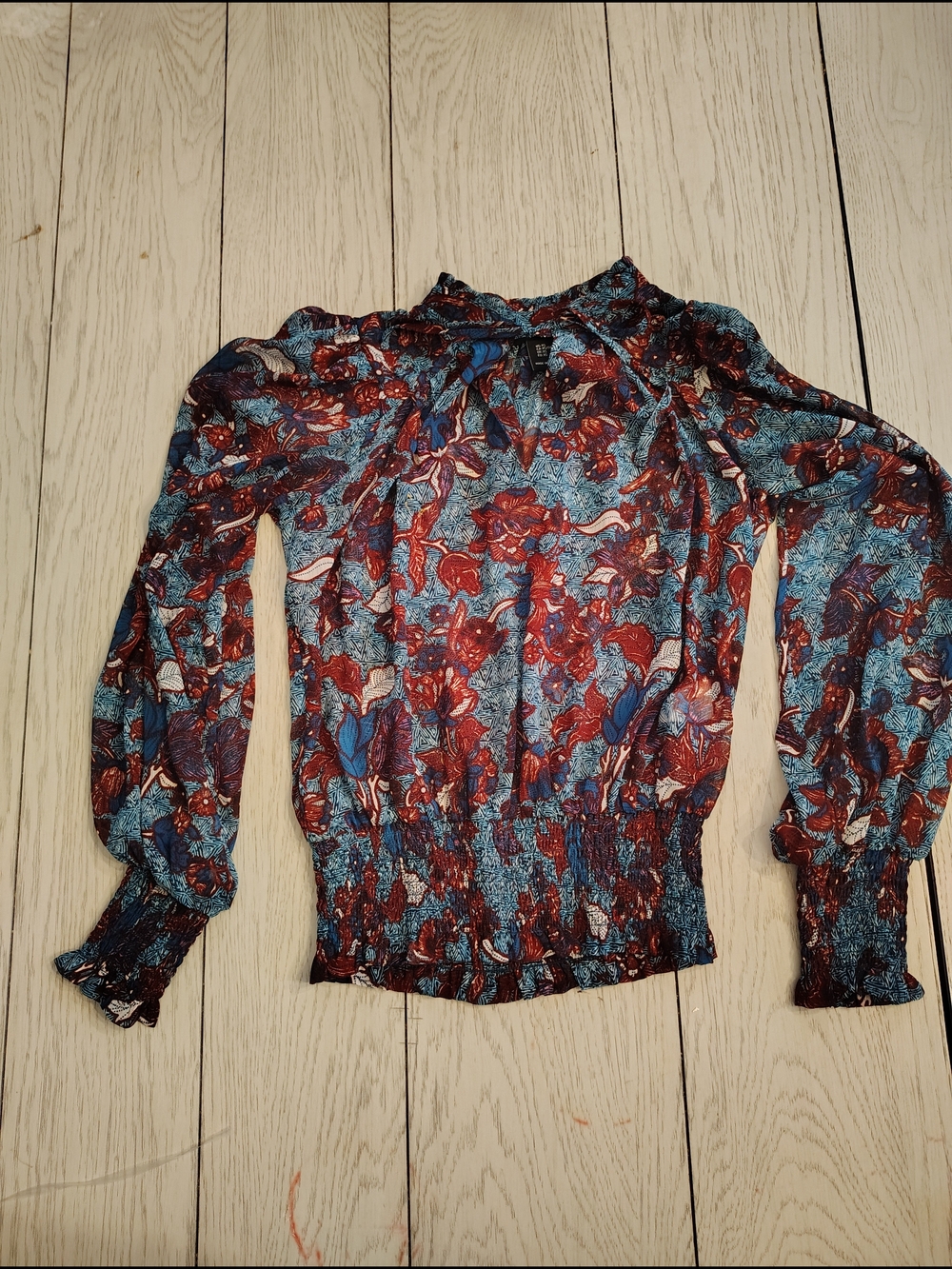 Rachel Zoe Boho Smocked Peplum Sheer Blouse Blue Burgundy XS